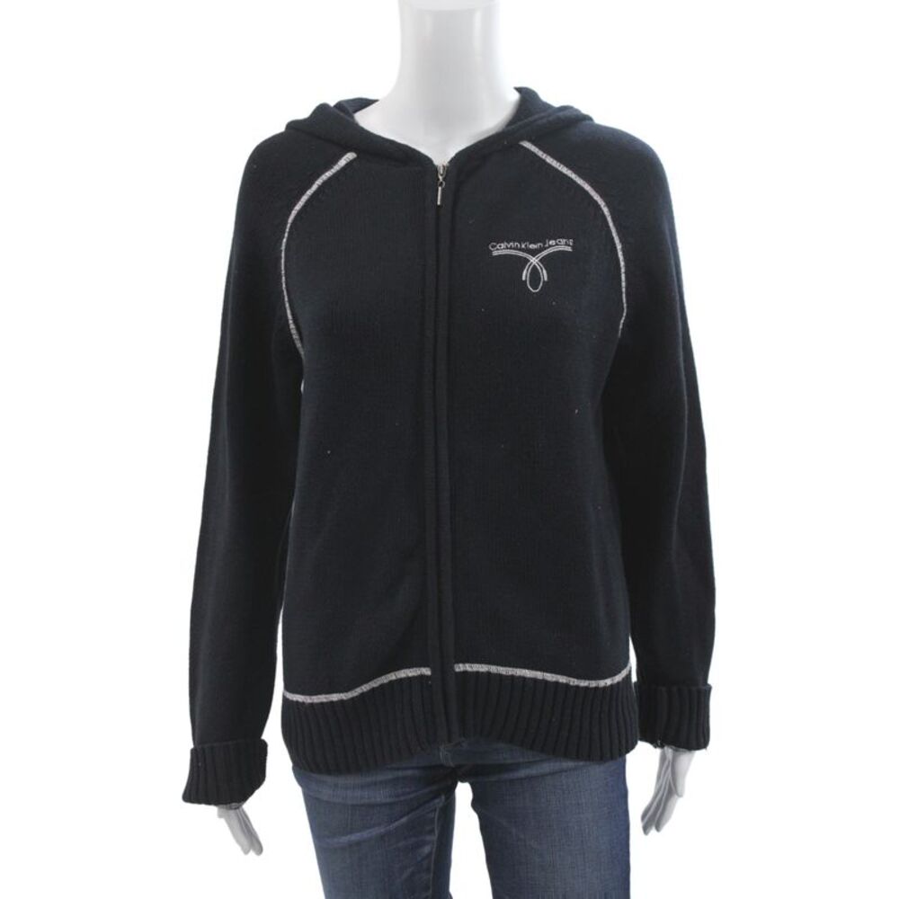 Calvin Klein Jeans Women Full Zip Black Sweater Long Sleeve High Neck Size XL